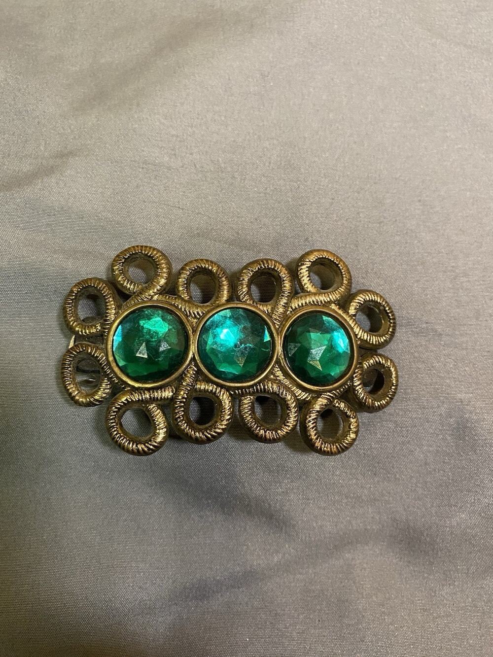 Vintage Gold Tone Green Enamel Circles Hair Barrette Clip